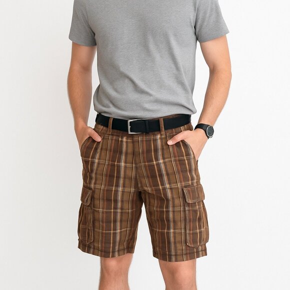 Old Navy Brown Plaid Cargo Shorts Size 30 Classic Fit Cotton Outdoor Utility - Picture 2 of 13